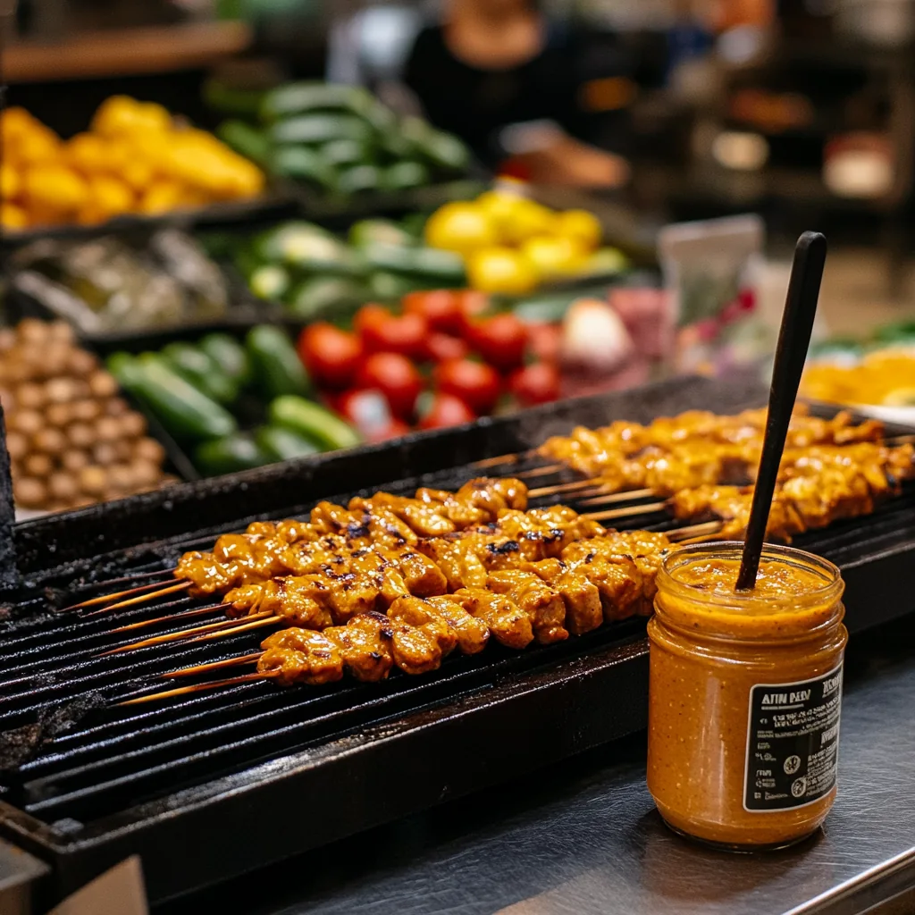 Chicken satay skewers cooking on the grill